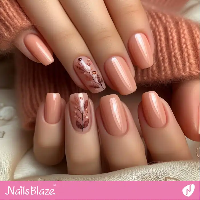 Peach Fuzz Nails with Leaves Accent Nail Design | Nature-inspired Nails - NB1668